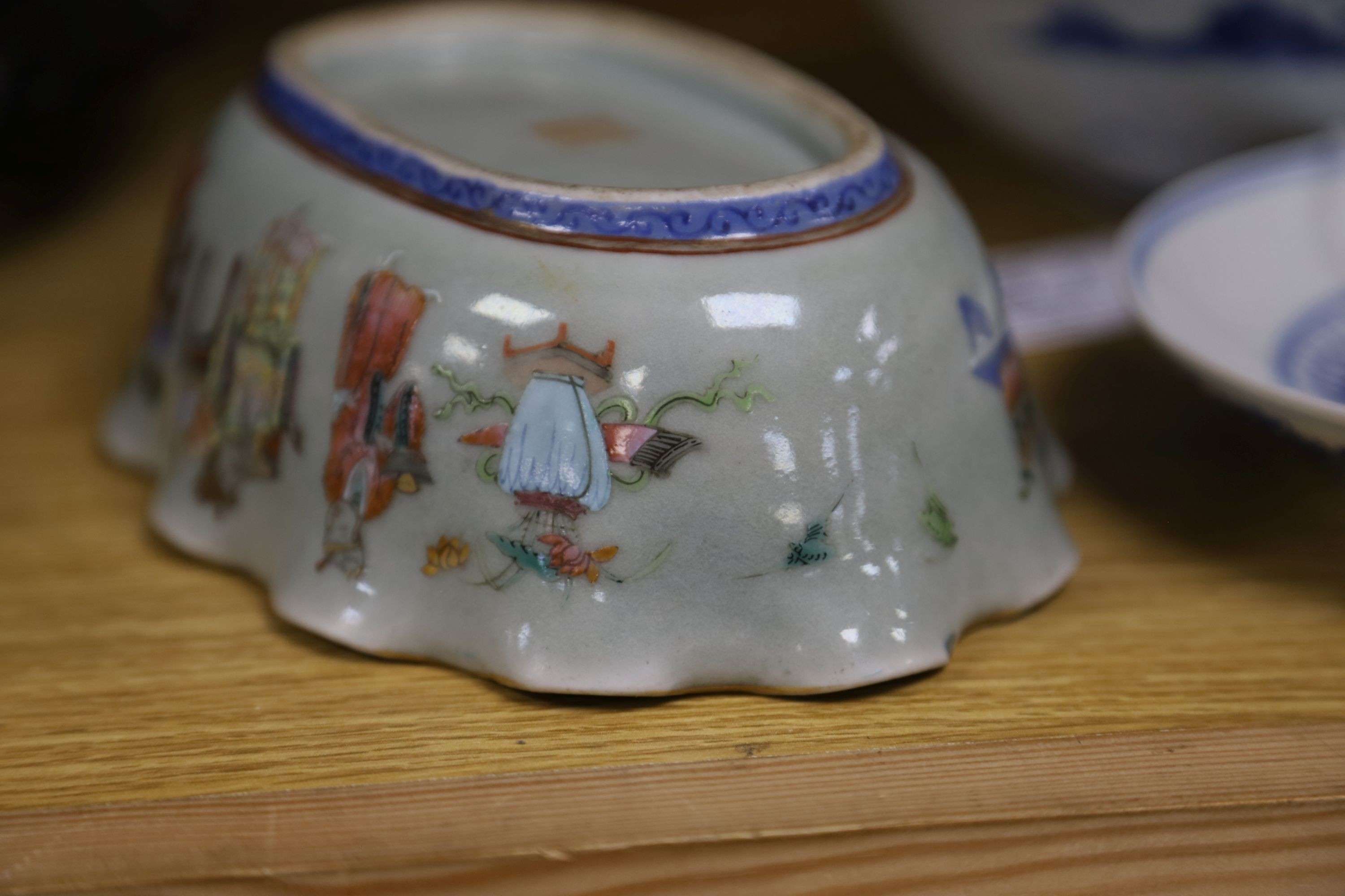 A large early 20th century Chinese cloisonné enamel ‘dragon’ bowl and two Chinese Tongzhi celadon ground famille rose bowls 31cm